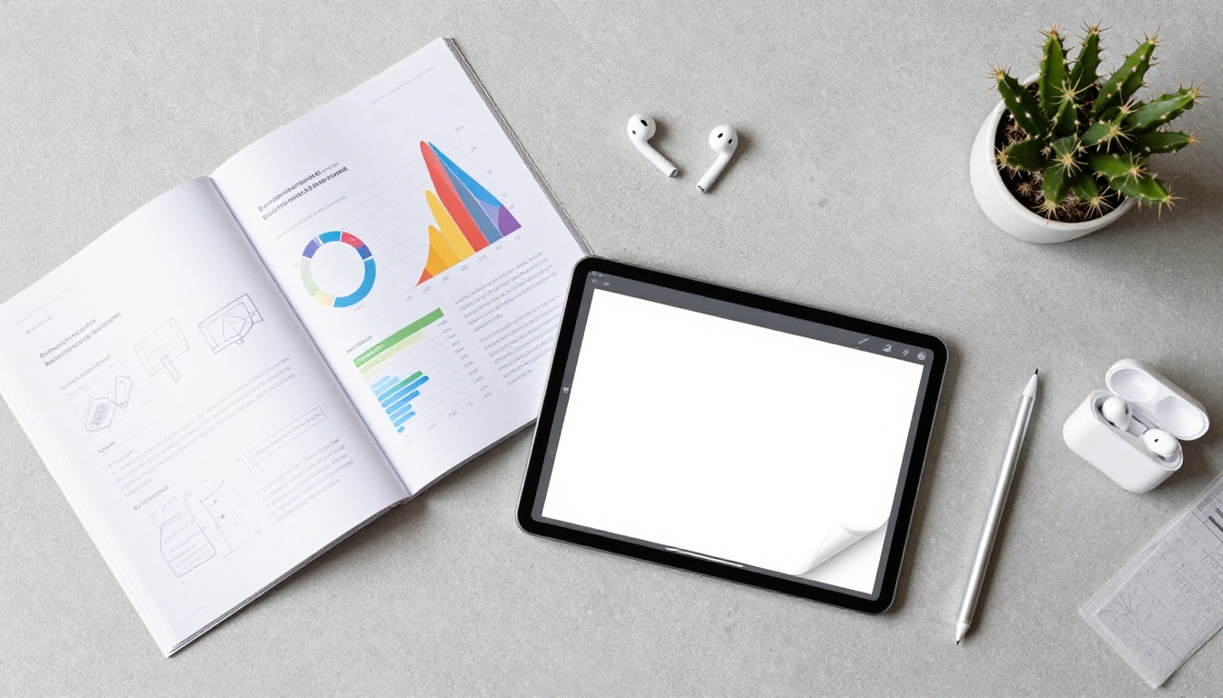 Overhead flat lay of workspace with PDF brochure, tablet showing flipbook, stylus and notebook