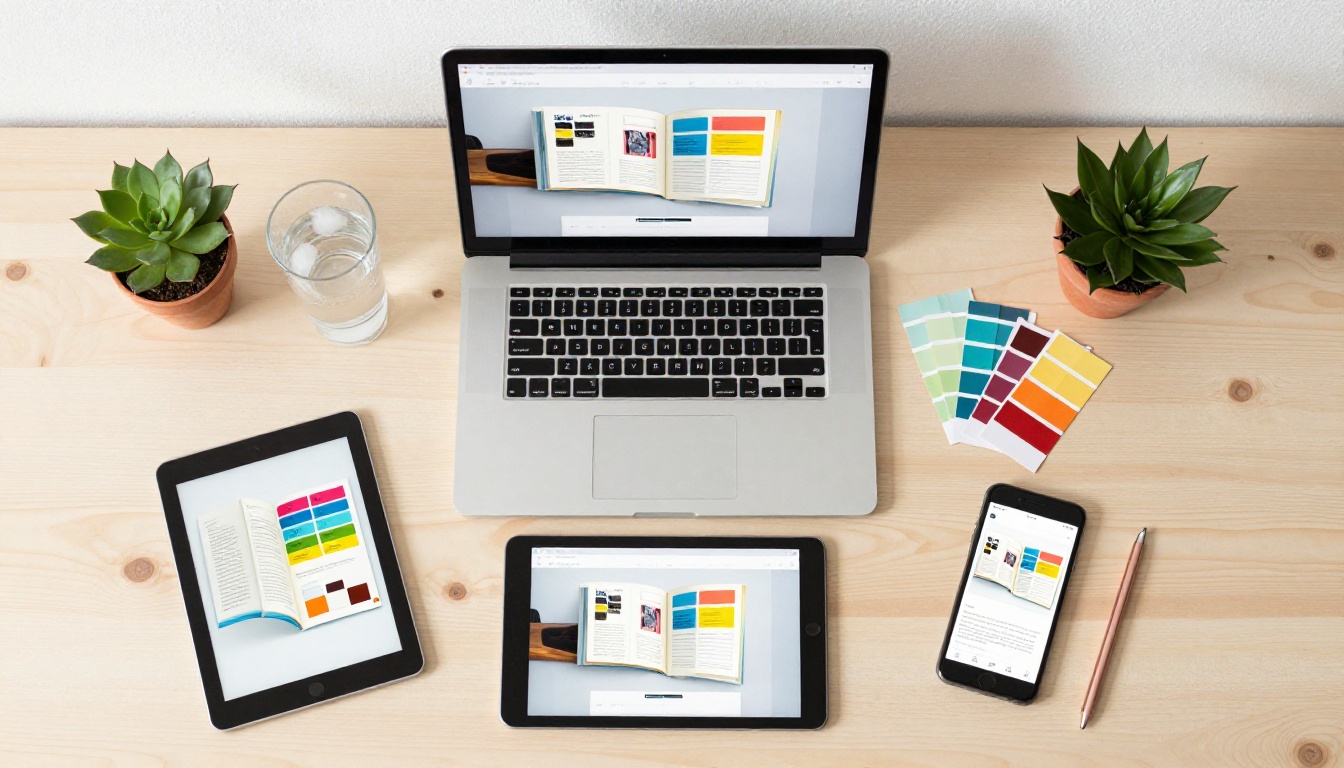 Overhead flatlay of MacBook, iPad, and smartphone each displaying the same flipbook in responsive views Overhead flatlay of MacBook, iPad, and smartphone each displaying the same flipbook in responsive views