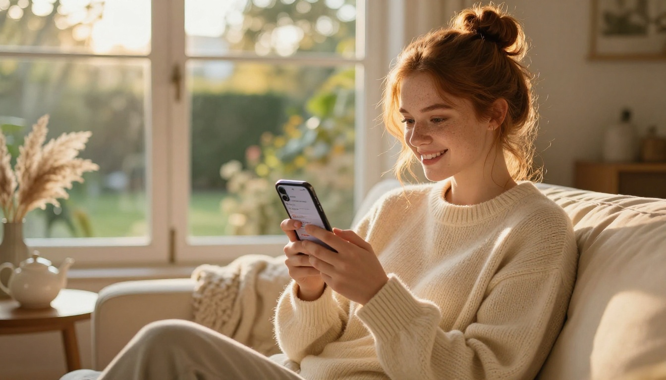 Smiling woman on cream sofa sharing flipbook link on smartphone in warm sunlit living room Smiling woman on cream sofa sharing flipbook link on smartphone in warm sunlit living room