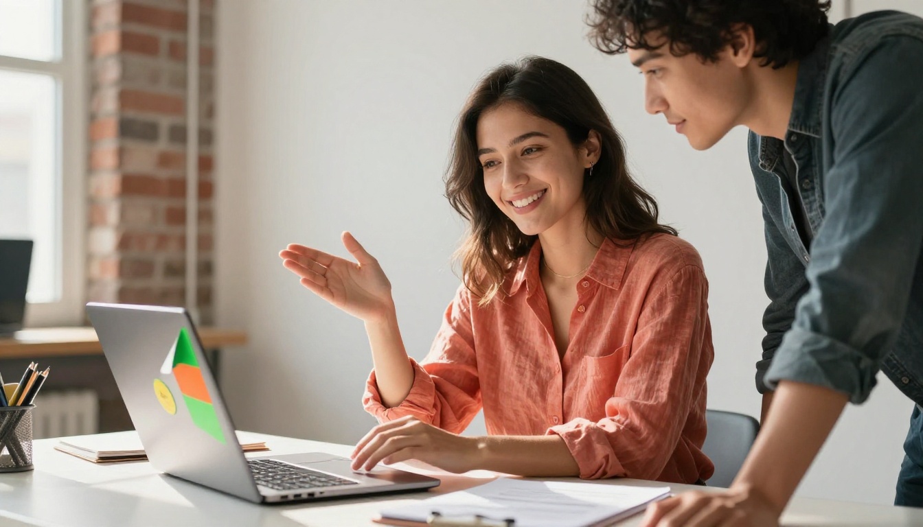 Marketing professional sharing a beautiful interactive flipbook on her laptop with a colleague in a bright co-working space
