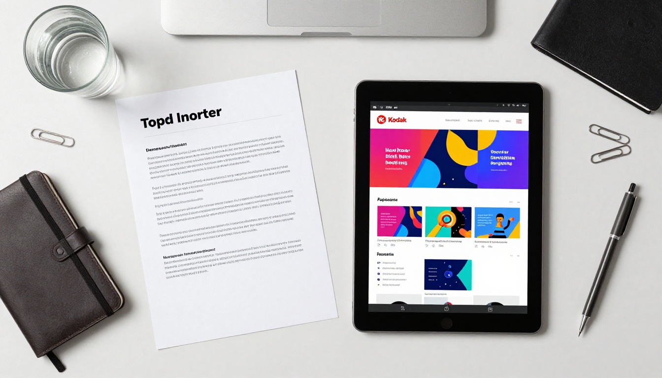 Aerial overhead view of a printed brochure side-by-side with a glowing tablet showing the same content as an interactive digital flipbook