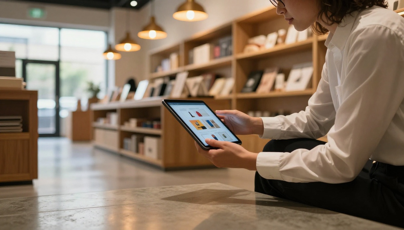 Retail salesperson presenting a colorful digital flipbook on a tablet to an engaged customer in a modern boutique