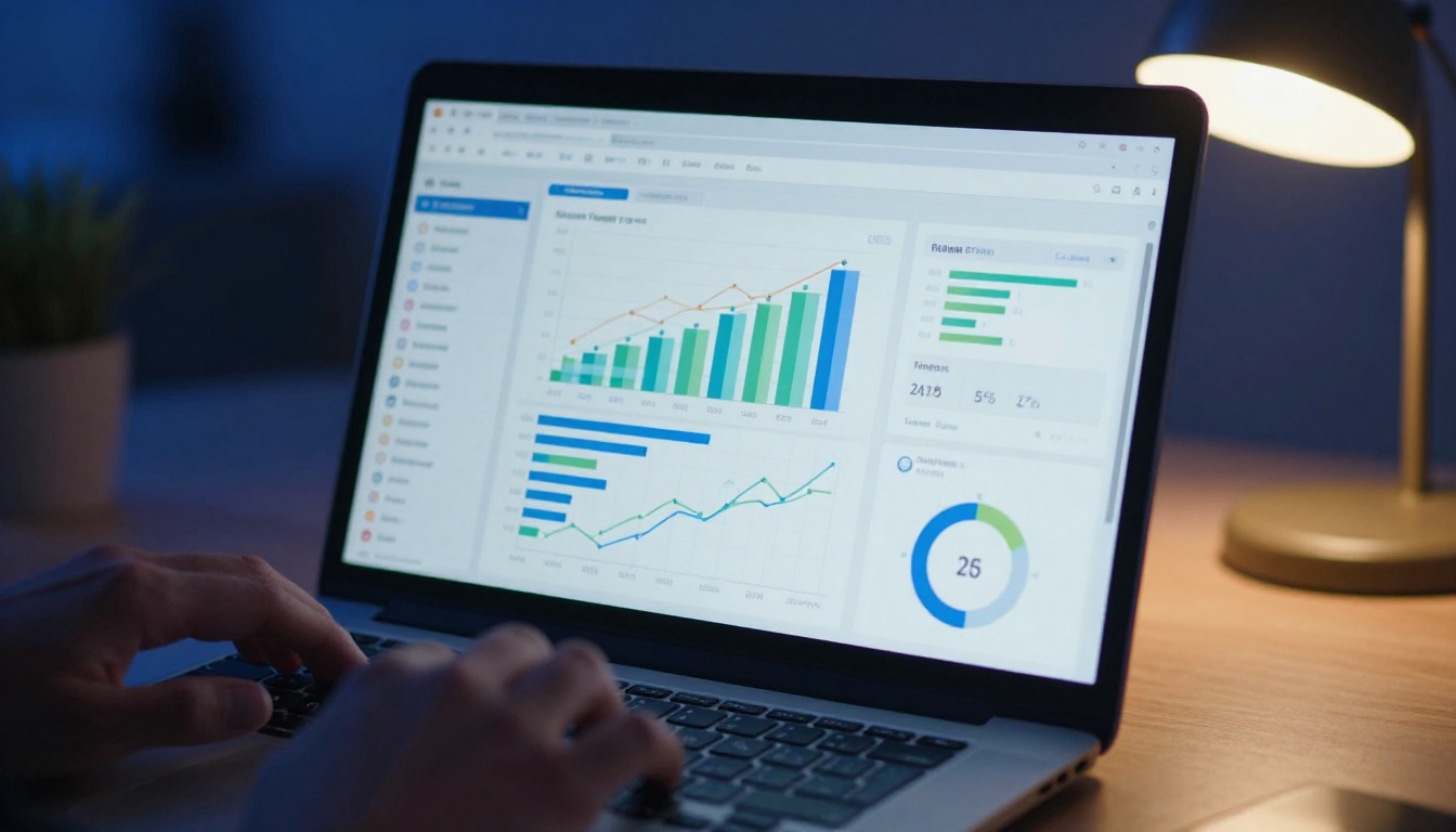 Close-up of an analytics dashboard on a laptop screen showing brochure page views, interaction data, and conversion metrics