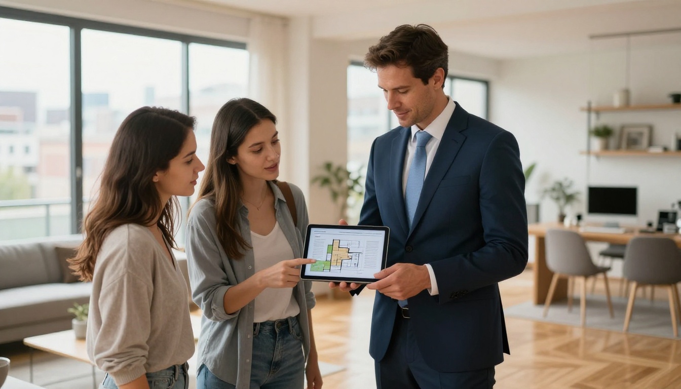 Real estate agent showing a property flipbook brochure on a tablet to an interested couple in a bright modern apartment