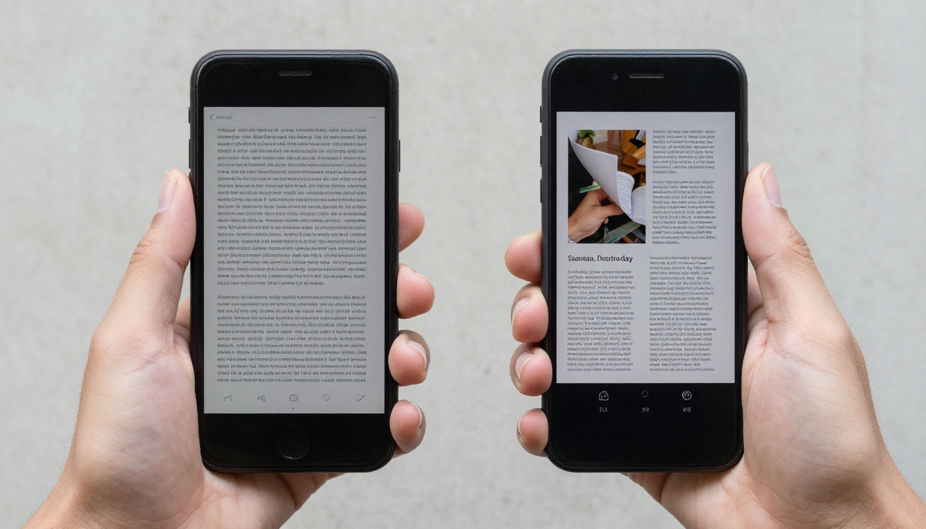 Two smartphones side by side, one showing an unreadable PDF page and the other showing a beautifully formatted interactive flipbook with a visible page-turn curl effect