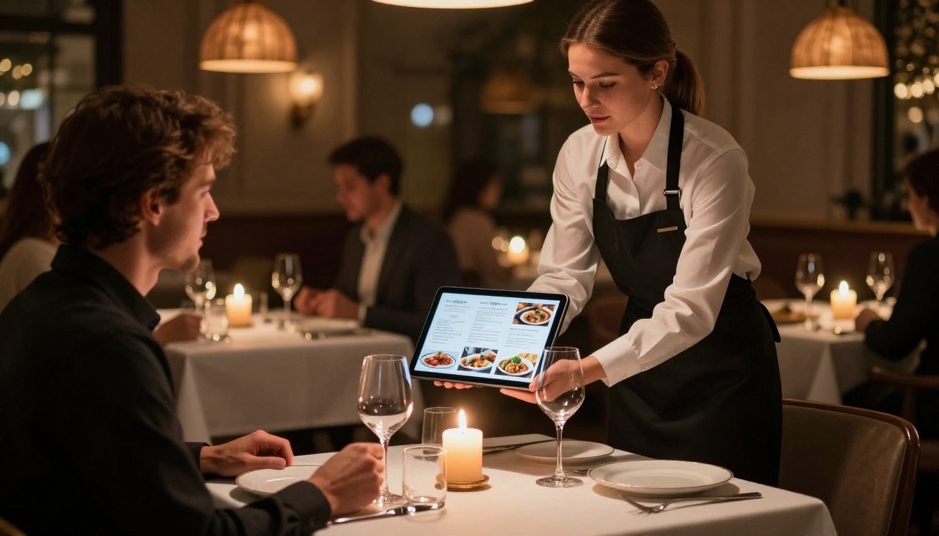 Young elegant waitress presenting a beautiful digital menu flipbook on a tablet to a couple at a candlelit restaurant table