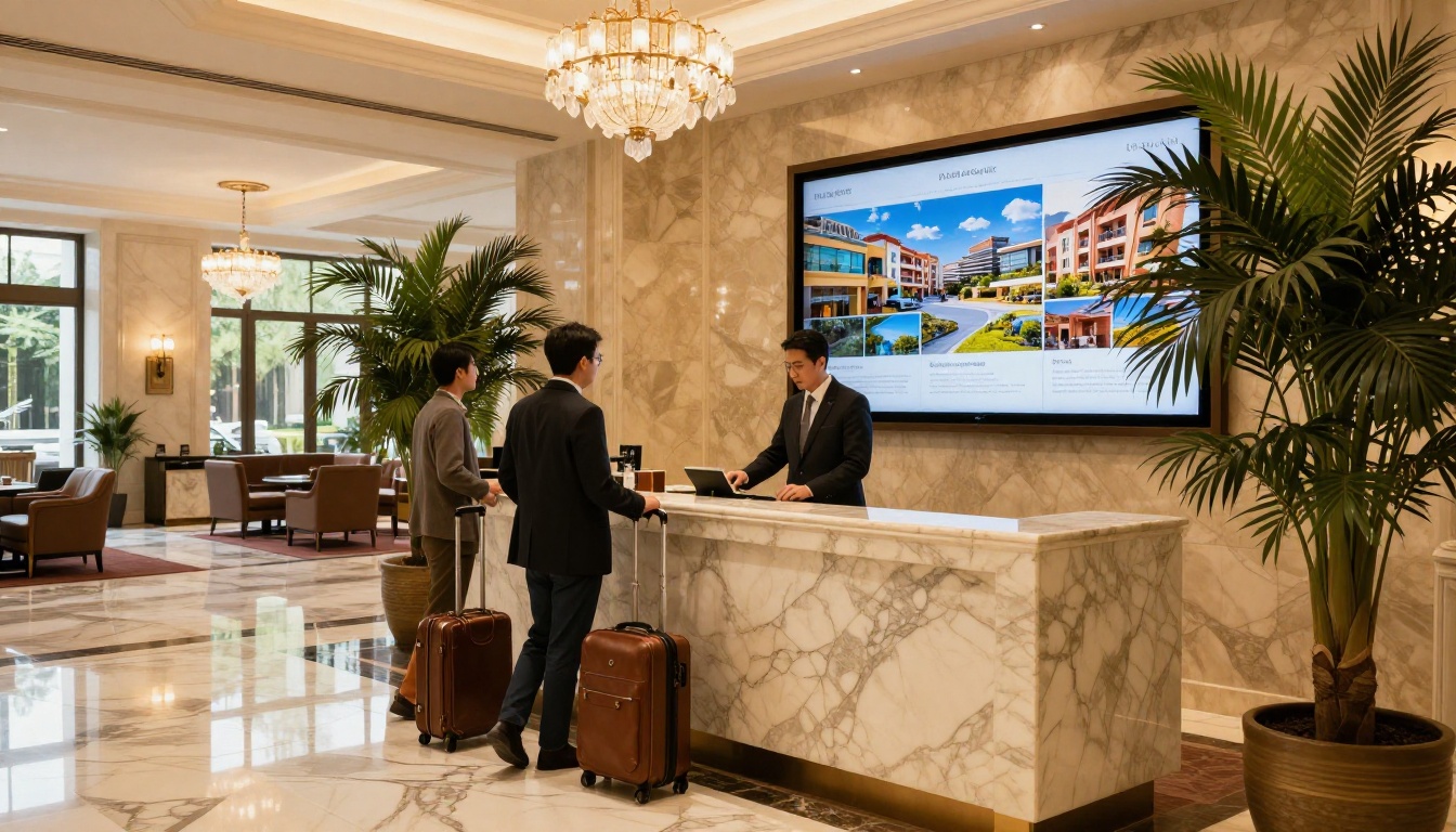 Luxury hotel lobby with a polished concierge presenting a digital hotel brochure flipbook on a touchscreen to arriving guests with rolling luggage