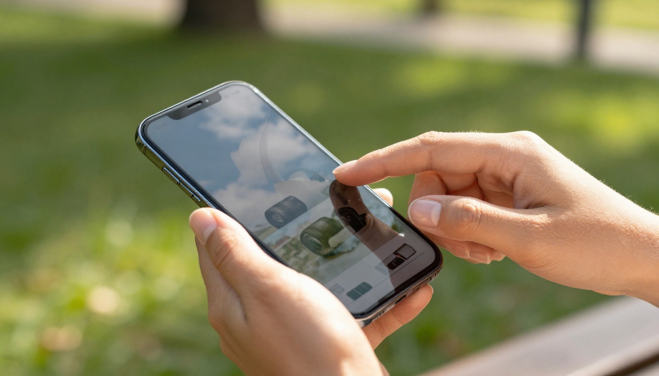 Close-up of hands swiping a digital product catalog flipbook on a smartphone outdoors