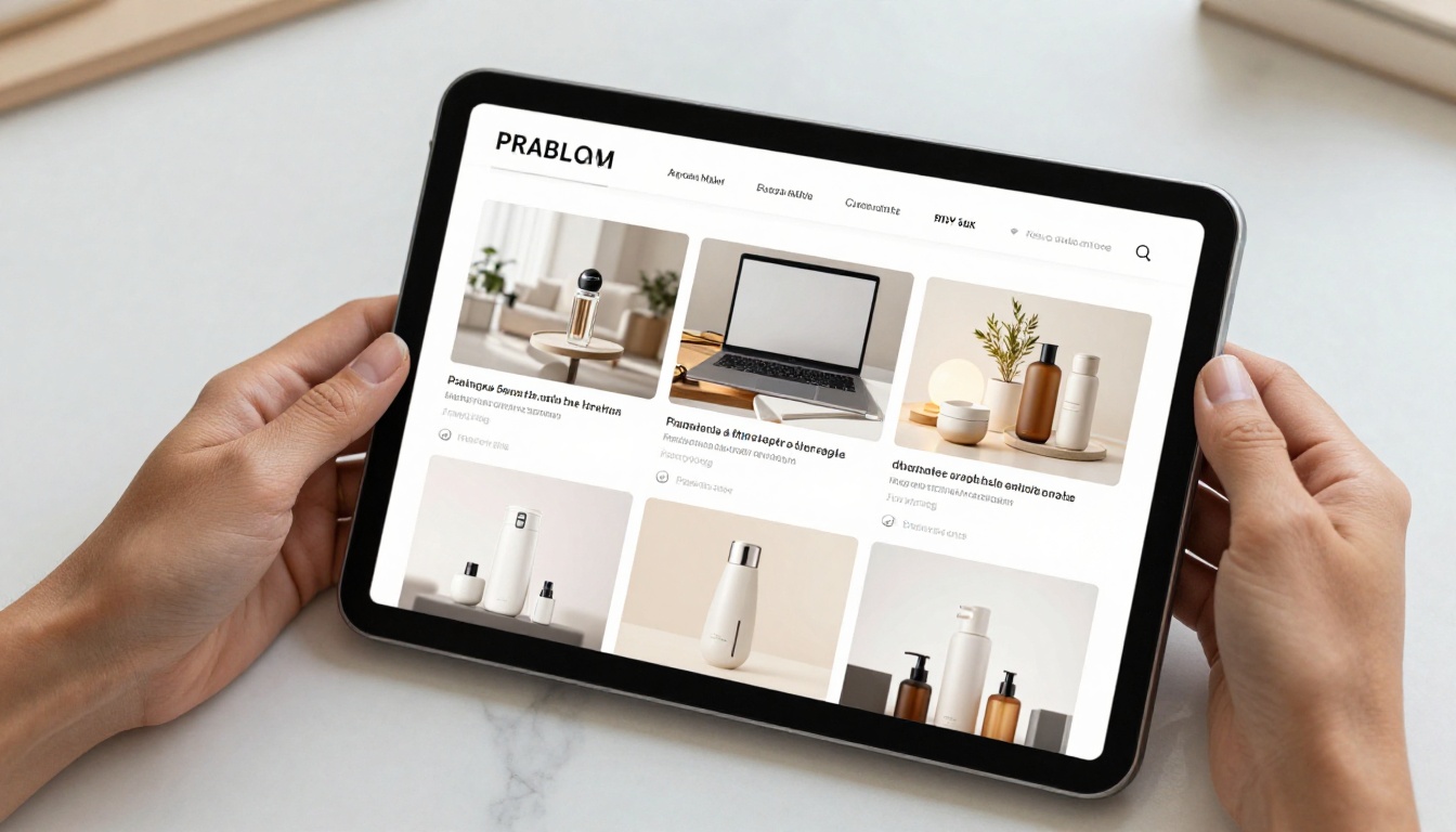 Digital product catalog displayed on tablet with clean grid layout and product photography Digital product catalog displayed on tablet with clean grid layout and product photography