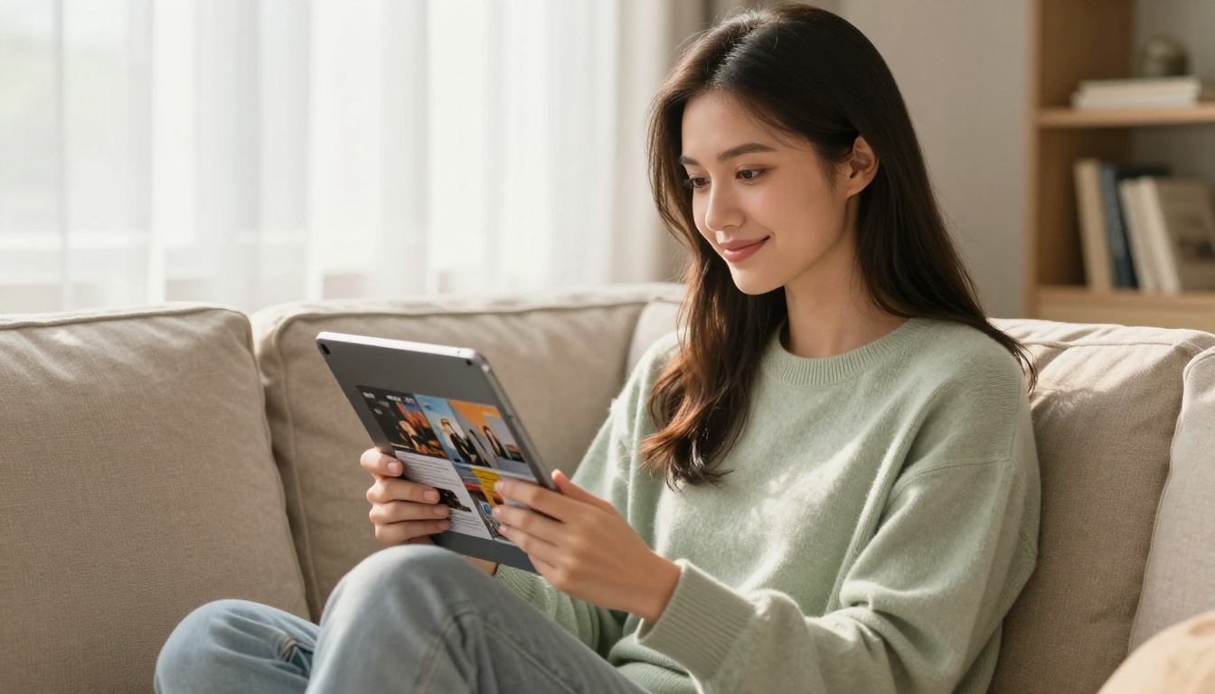 Woman on sofa browsing digital flipbook on tablet with warm afternoon light Woman on sofa browsing digital flipbook on tablet with warm afternoon light