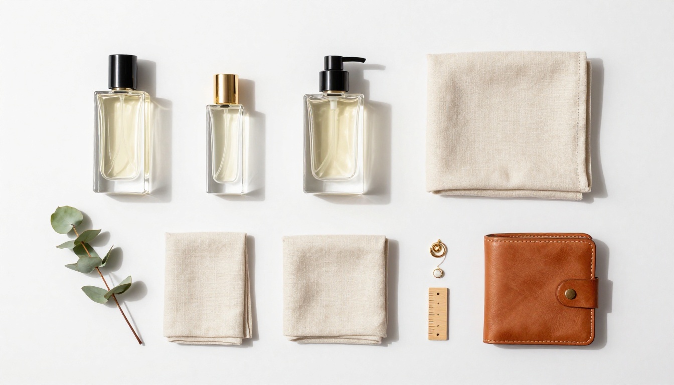 Aerial flat lay of retail products arranged neatly for catalog photography Aerial flat lay of retail products arranged neatly for catalog photography