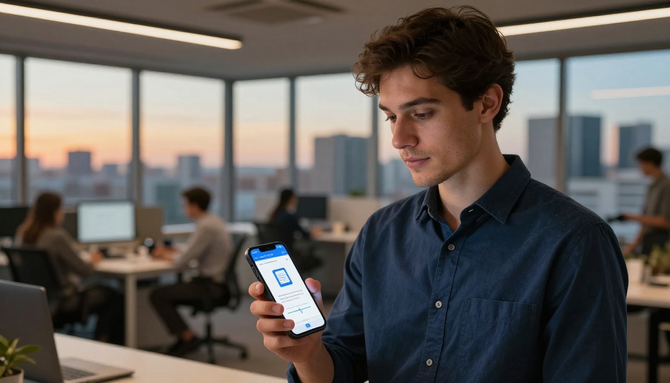 Professional man in a modern office holding a smartphone showing a PDF being converted to a flipbook