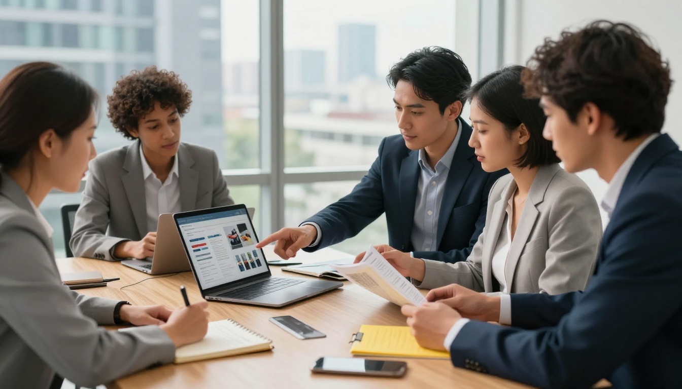 Business team reviewing digital and printed product catalogs around a conference table Business team reviewing digital and printed product catalogs around a conference table