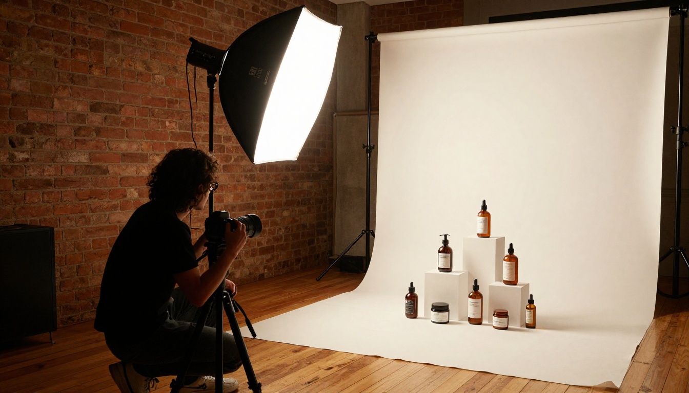 Professional product photographer adjusting studio softbox lighting for product shoot Professional product photographer adjusting studio softbox lighting for product shoot