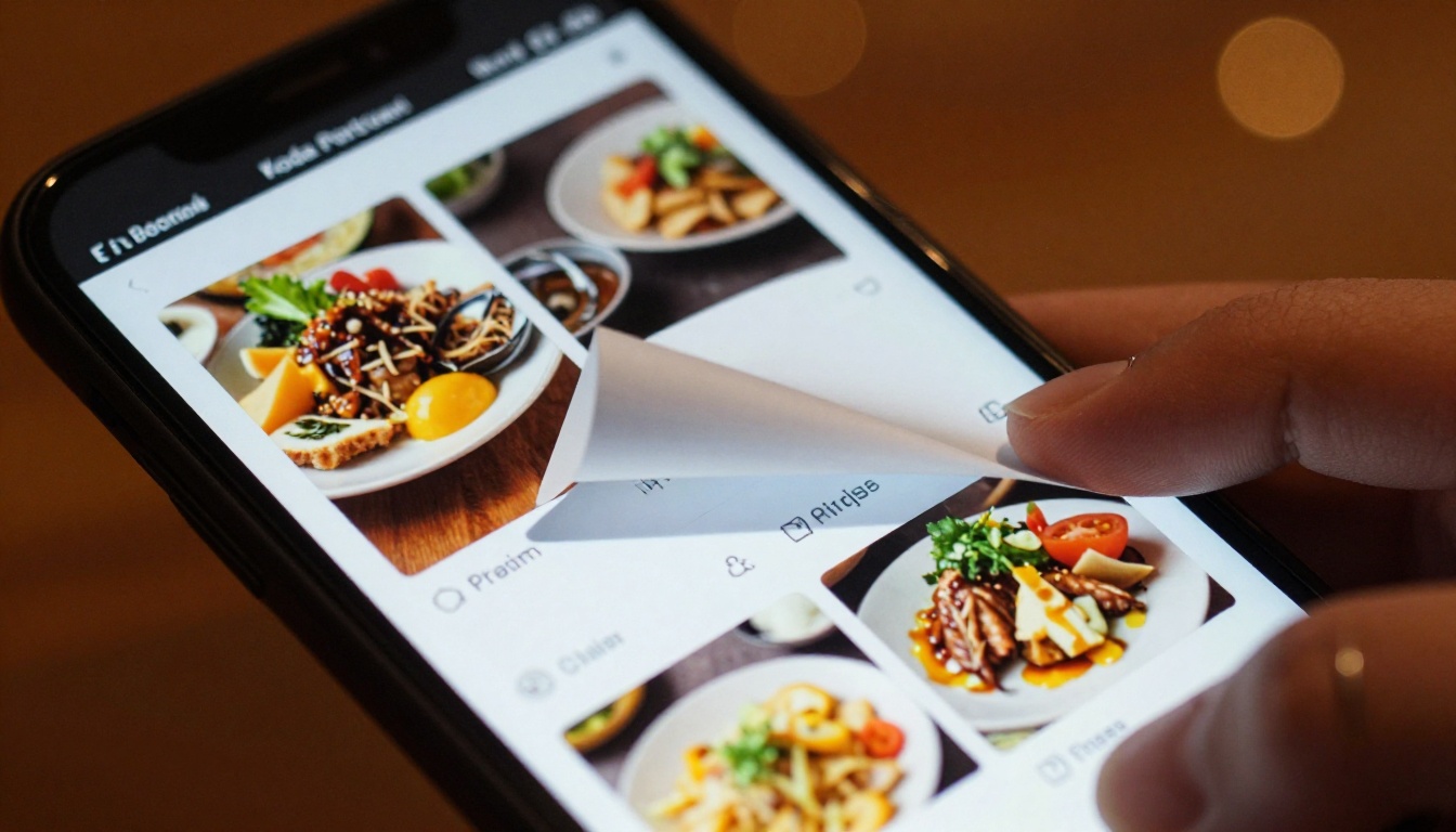 Close-up smartphone screen showing a restaurant menu flipbook with a realistic page-curl animation