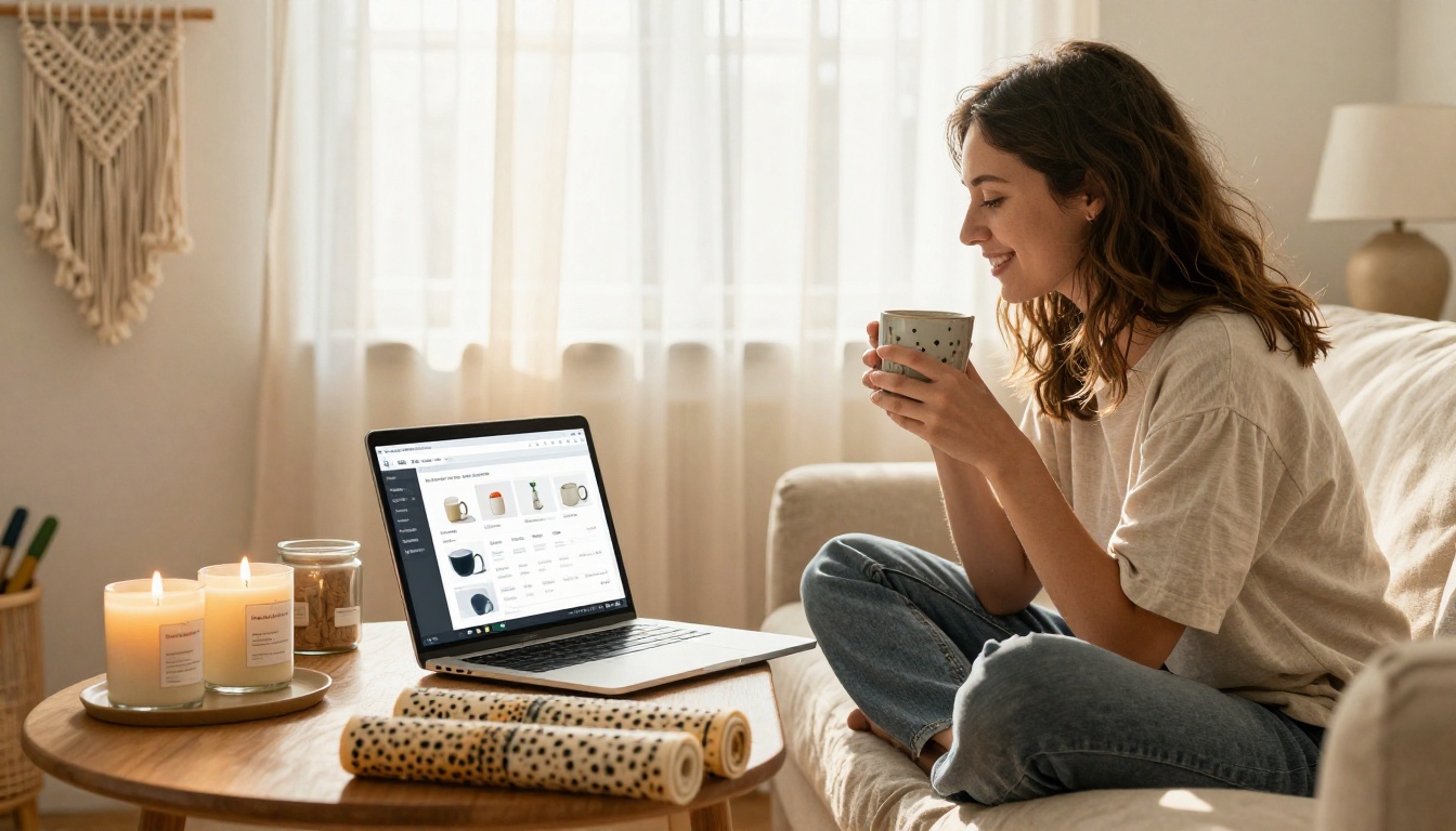 Small business owner reviewing product catalog on laptop with product samples nearby Small business owner reviewing product catalog on laptop with product samples nearby