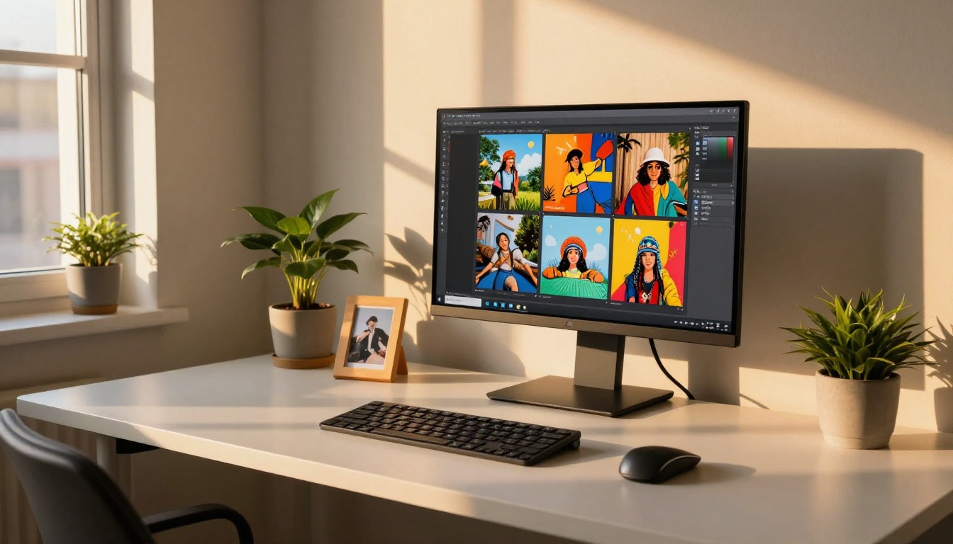 Home office desk with monitor showing digital flipbook page-flip animation at golden hour Home office desk with monitor showing digital flipbook page-flip animation at golden hour