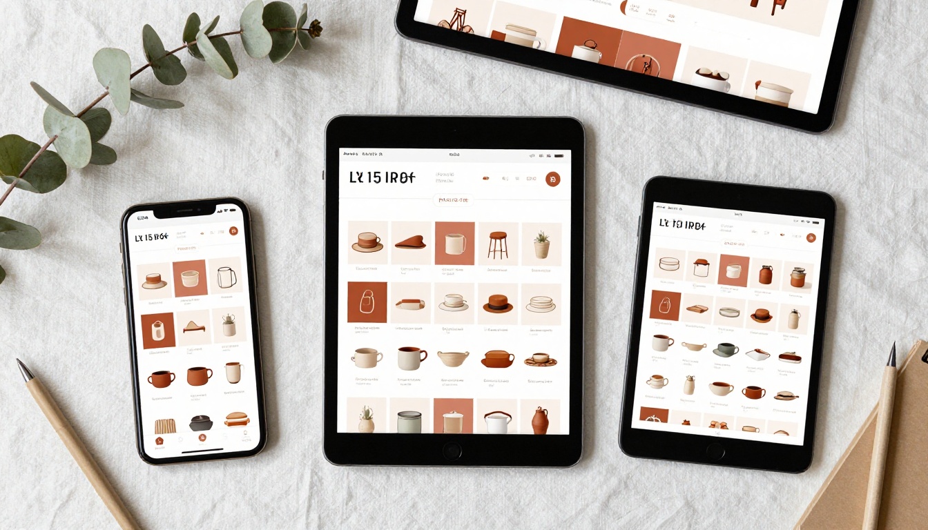 Digital product catalog displayed across smartphone, tablet, and laptop simultaneously Digital product catalog displayed across smartphone, tablet, and laptop simultaneously