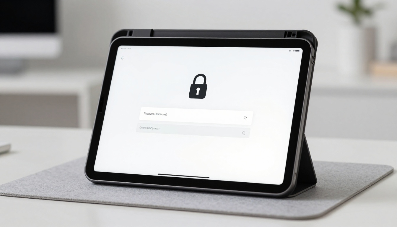 Password-protected flipbook login screen on tablet with lock icon and minimal UI Password-protected flipbook login screen on tablet with lock icon and minimal UI