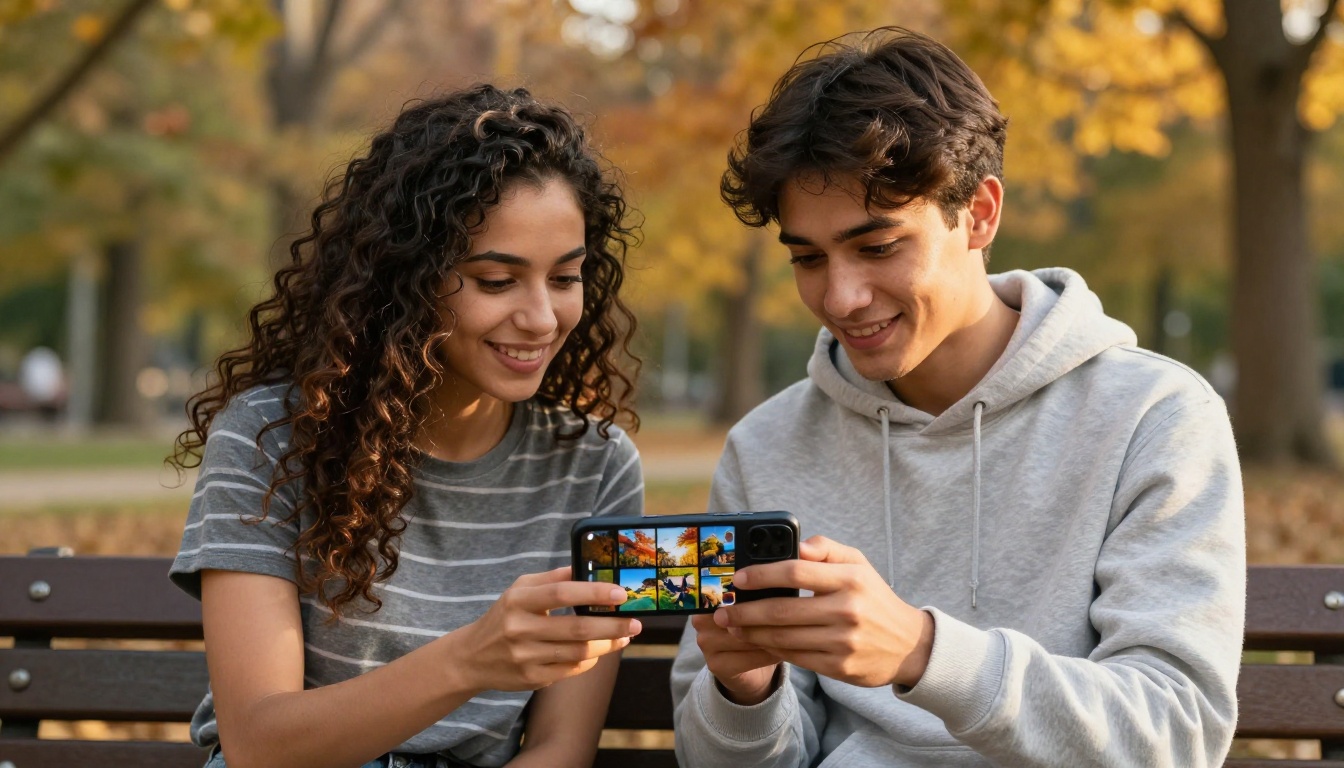 Two friends sitting on a park bench together, sharing and browsing a digital photo album flipbook on a smartphone