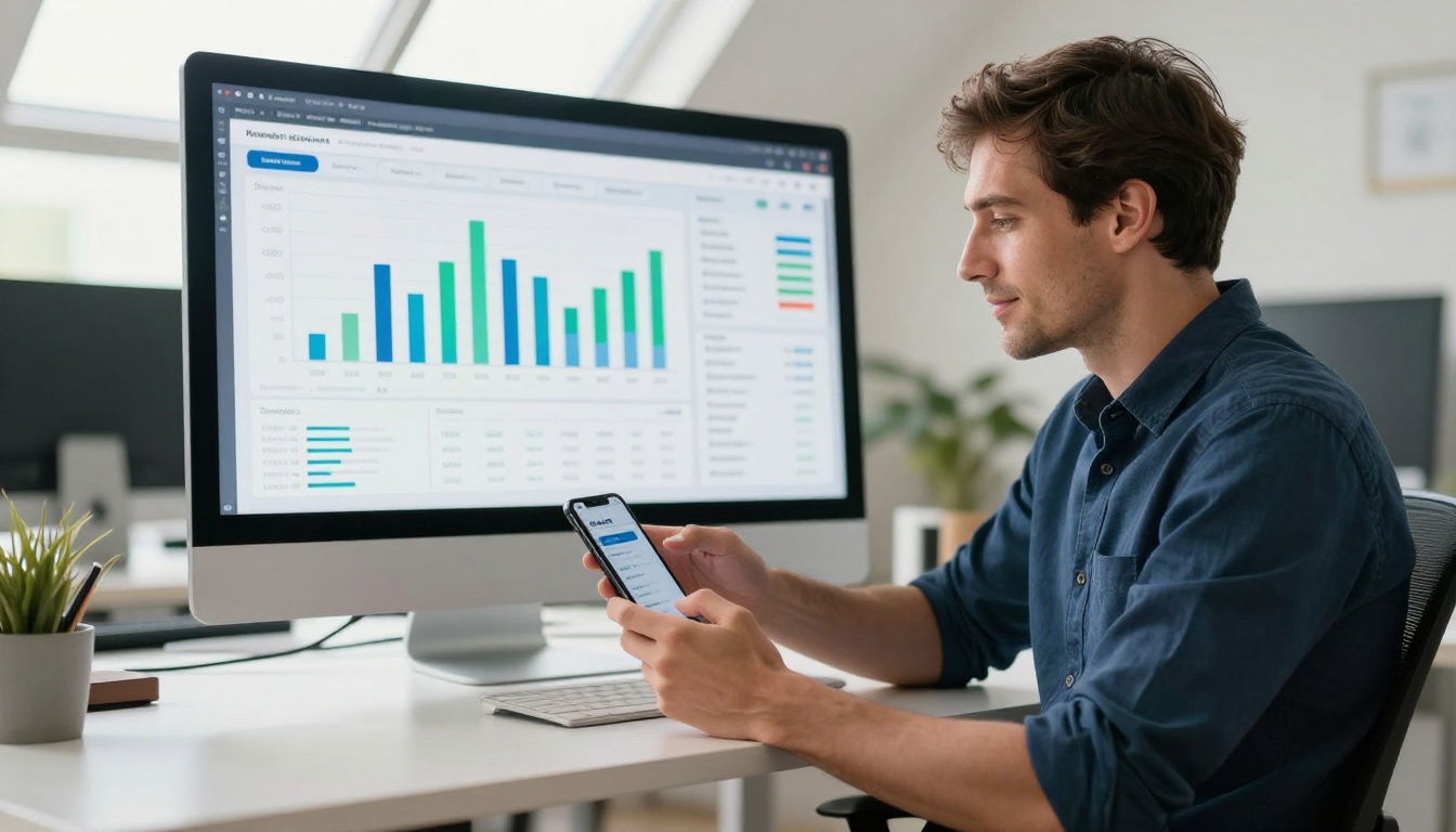 Confident man reviewing digital flipbook analytics dashboard on large monitor Confident man reviewing digital flipbook analytics dashboard on large monitor