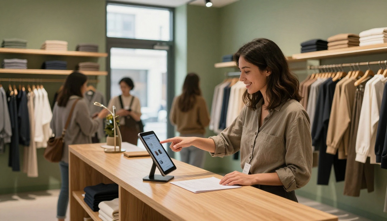 Boutique shop assistant showing digital product catalog on iPad mounted at counter Boutique shop assistant showing digital product catalog on iPad mounted at counter
