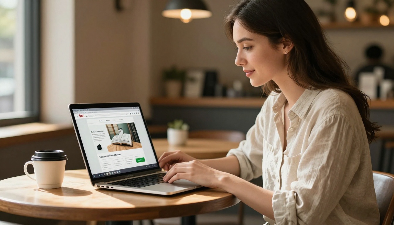 Young woman at cafe with laptop displaying interactive digital flipbook