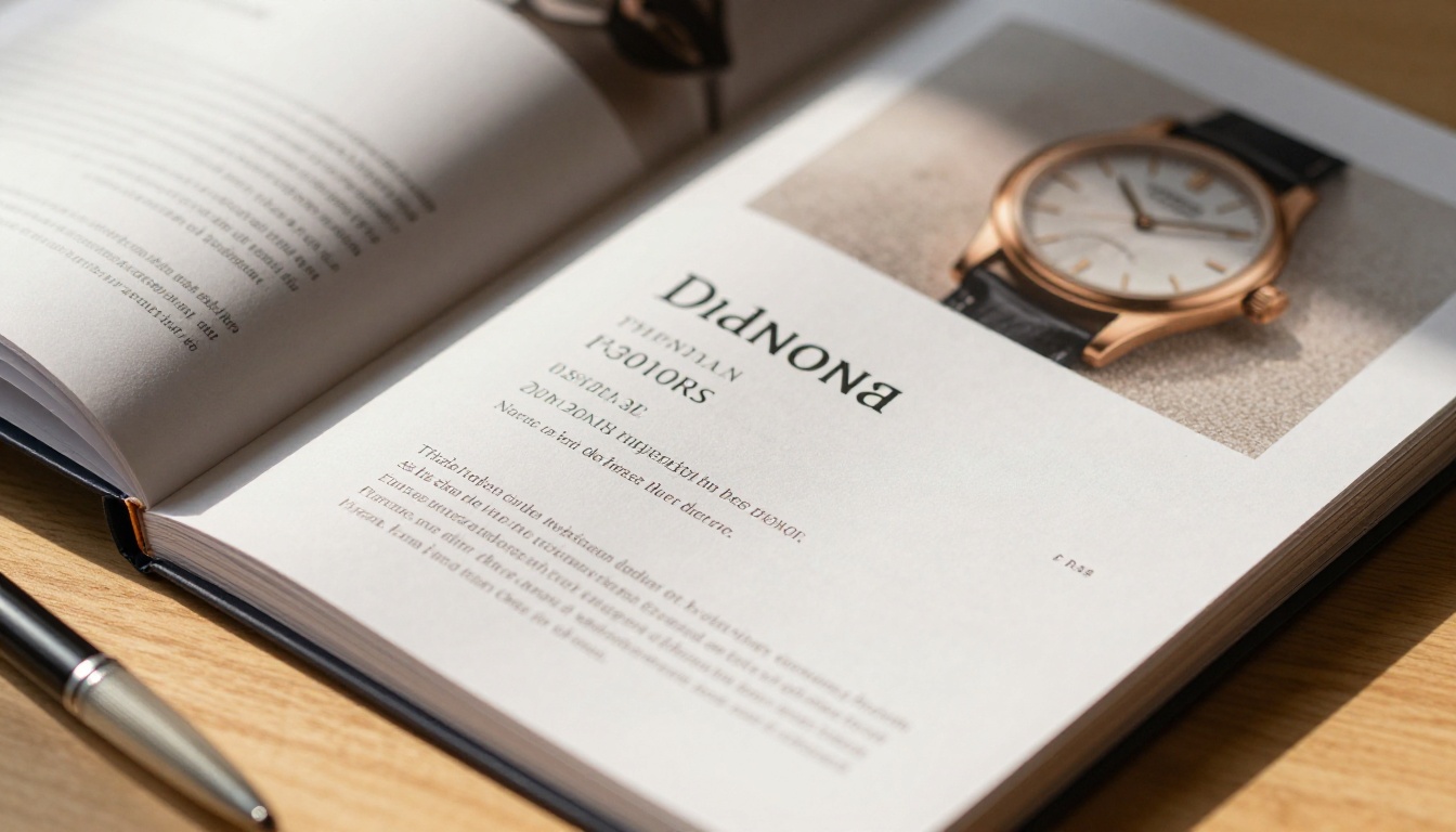 Close-up macro shot of printed product catalog page showing premium watch with pricing details Close-up macro shot of printed product catalog page showing premium watch with pricing details
