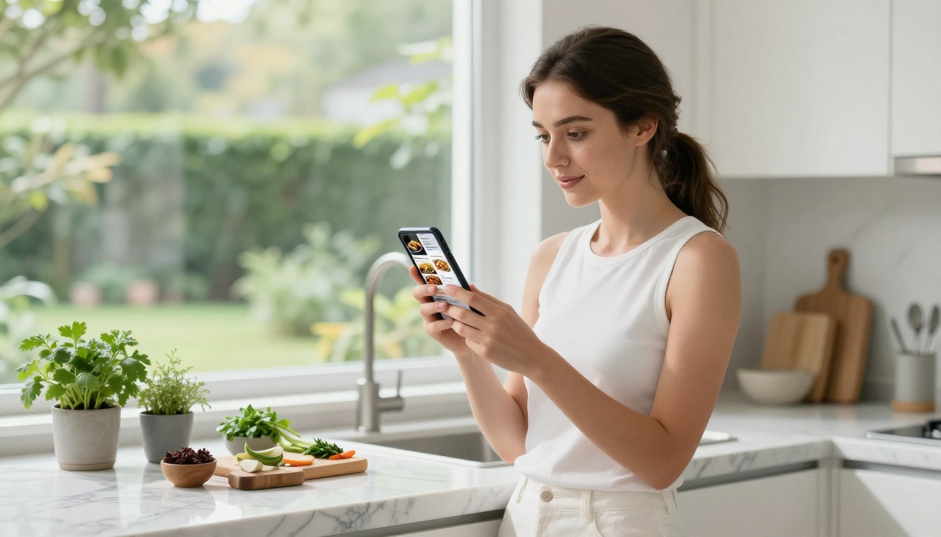 Woman in a bright modern kitchen browsing a digital recipe book flipbook on her smartphone