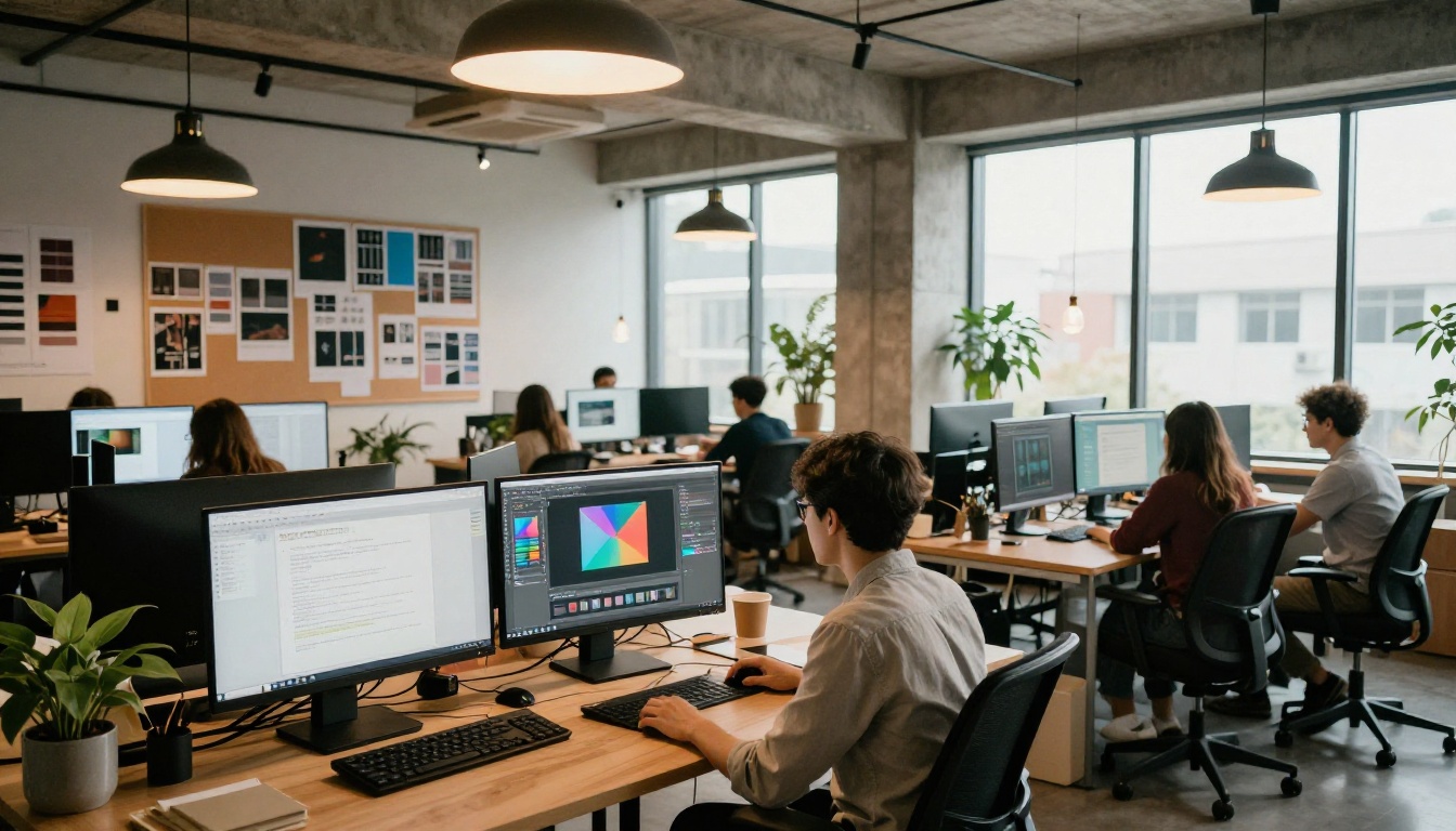 Creative agency open-plan office with designers working at dual-monitor workstations