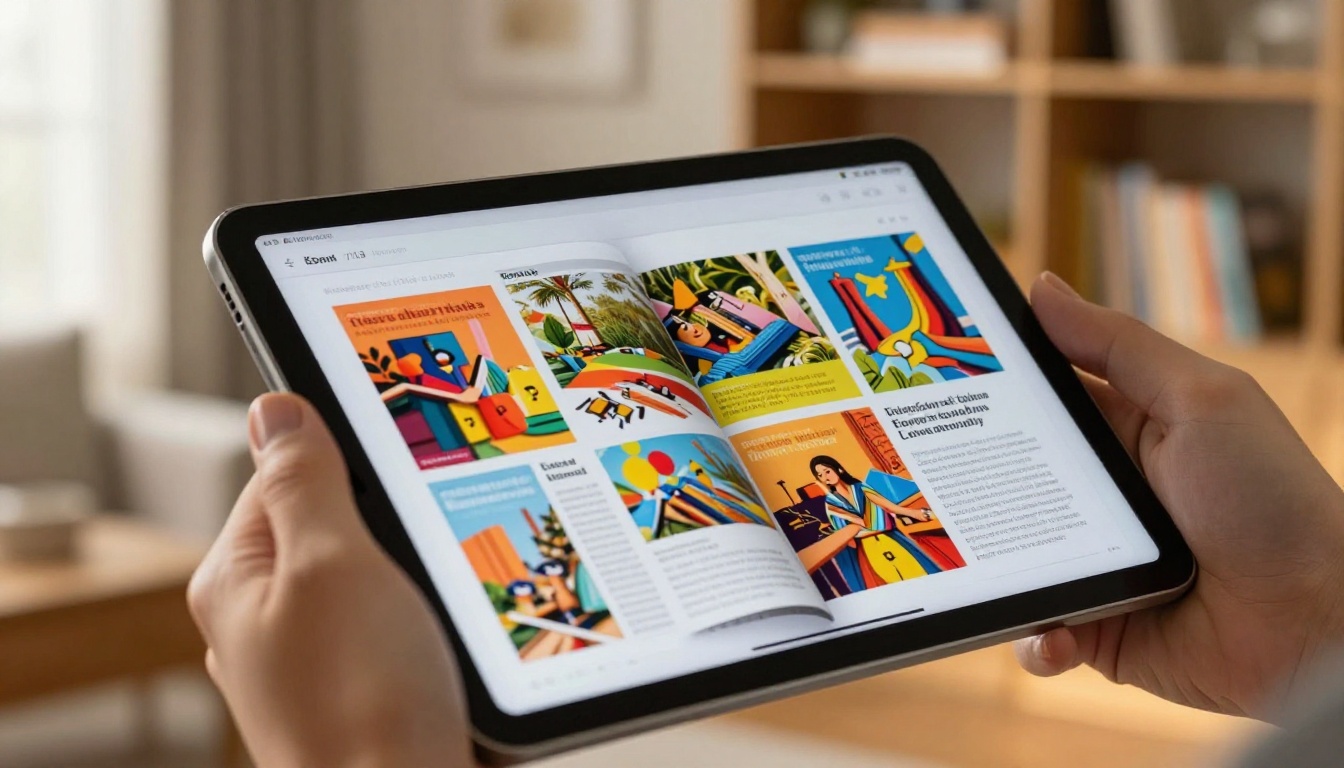 Tablet held in hand displaying beautifully designed interactive digital publication