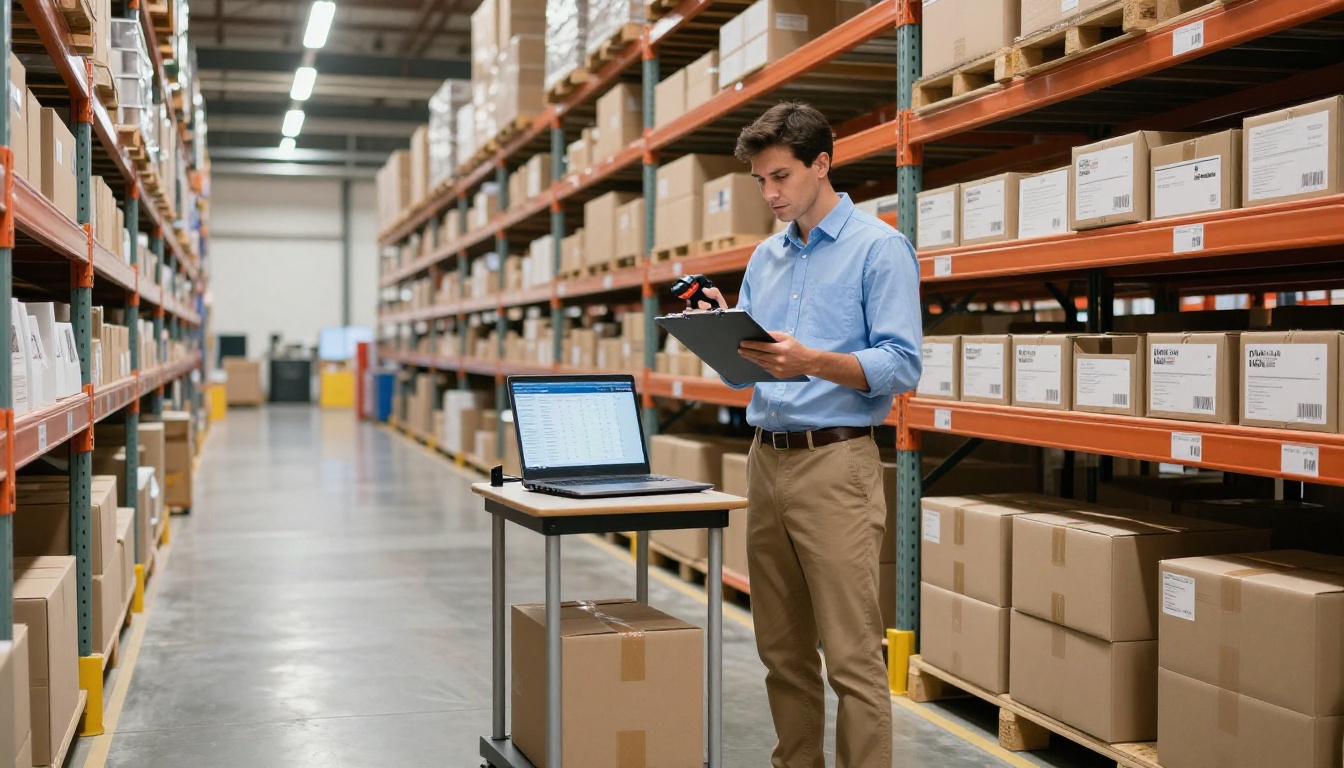 Ecommerce warehouse inventory manager scanning products with laptop showing digital catalog interface Ecommerce warehouse inventory manager scanning products with laptop showing digital catalog interface