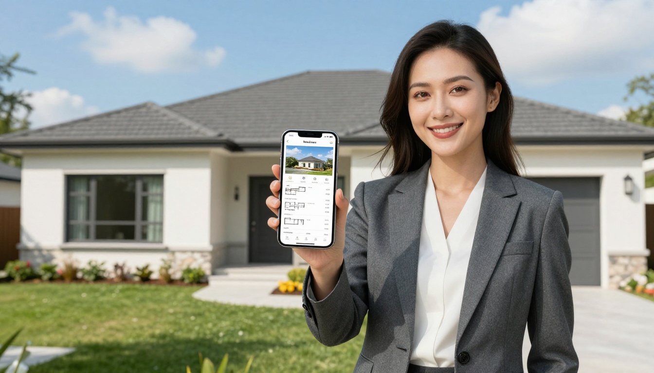 Real estate agent standing in front of a modern home holding a smartphone showing a property brochure flipbook