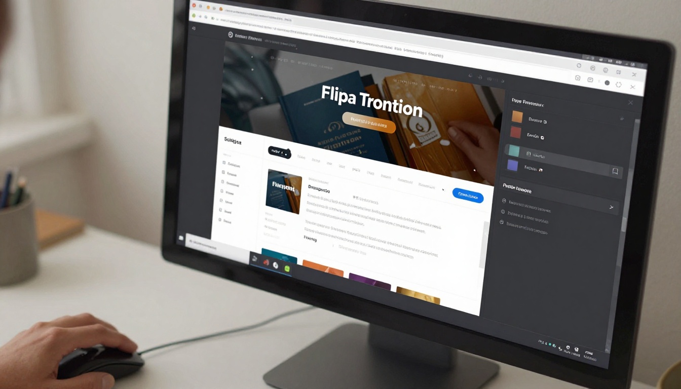 Monitor screen showing flipbook customization interface with branding color panel
