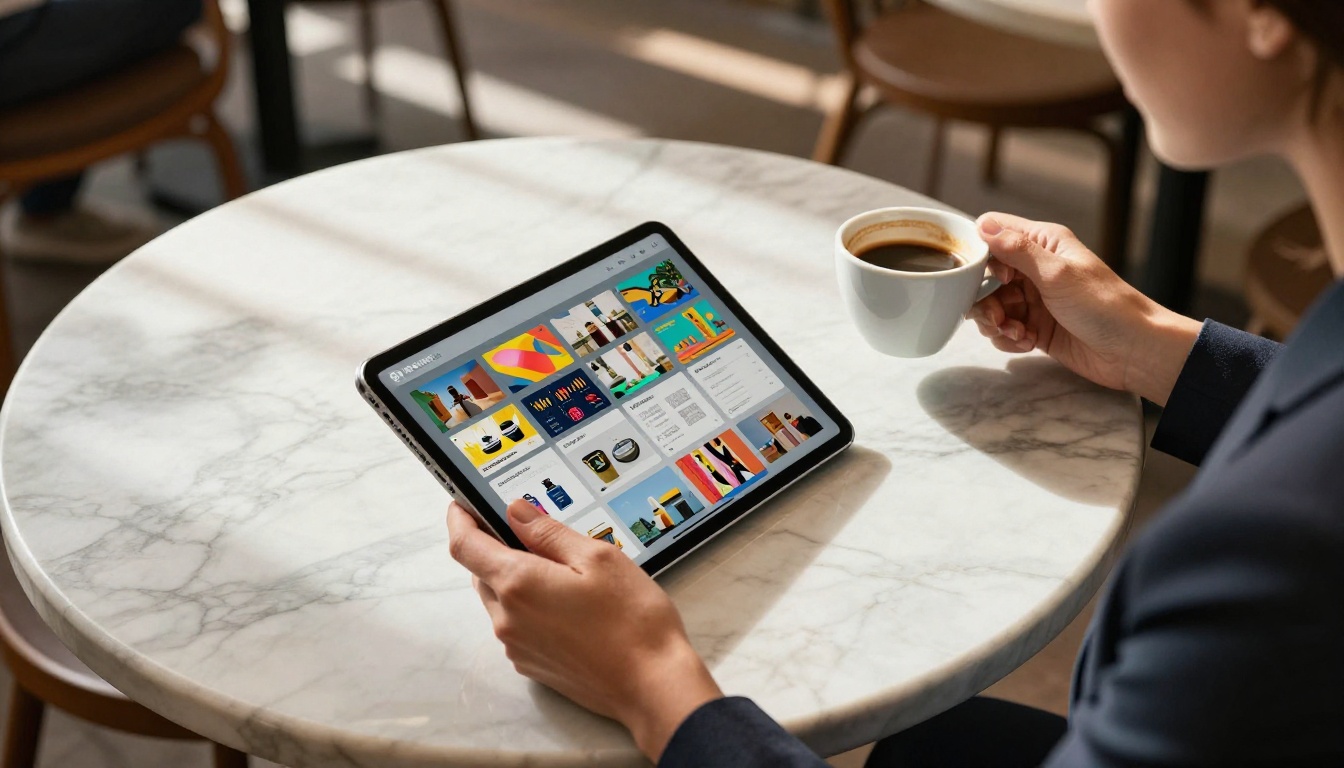 Businesswoman reviewing a product catalog flipbook on iPad at a café Businesswoman reviewing a product catalog flipbook on iPad at a café