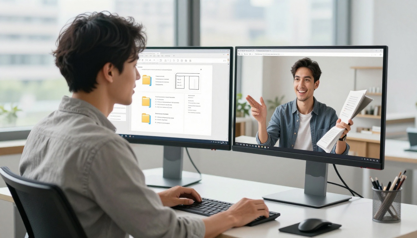 Marketing professional with dual monitors showing PDF files and converted flipbook Marketing professional with dual monitors showing PDF files and converted flipbook