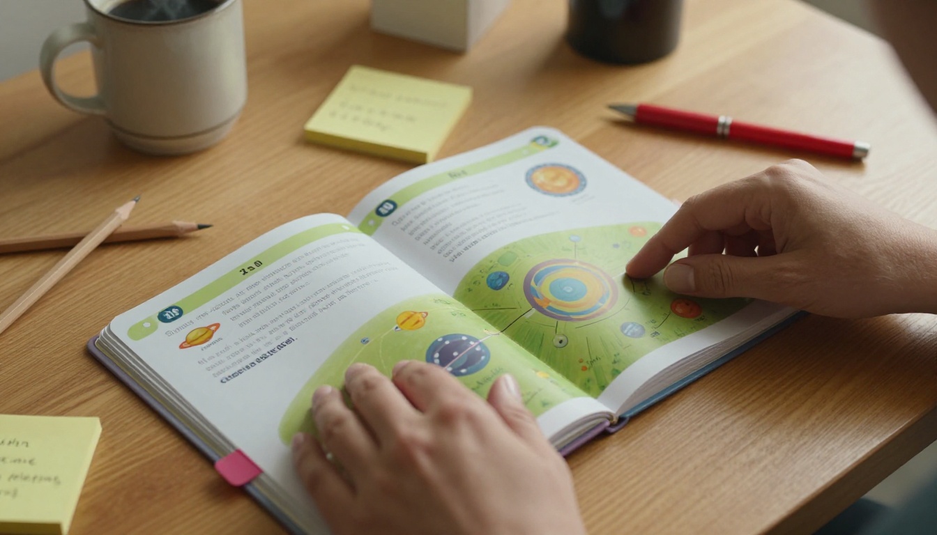 Teacher hands turning a colorful educational flipbook on a wooden desk