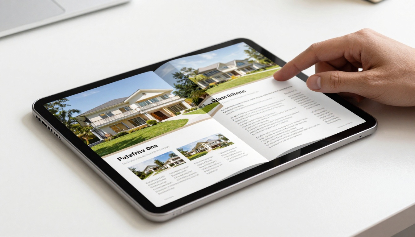 Tablet showing a real estate brochure flipbook with property photography Tablet showing a real estate brochure flipbook with property photography