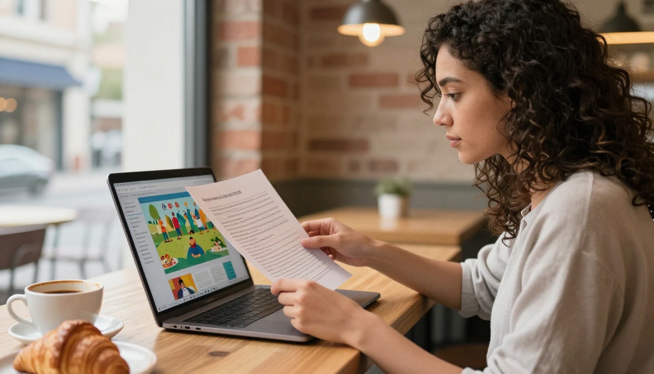 Designer comparing a PDF document with a flipbook on her laptop in a café Designer comparing a PDF document with a flipbook on her laptop in a café