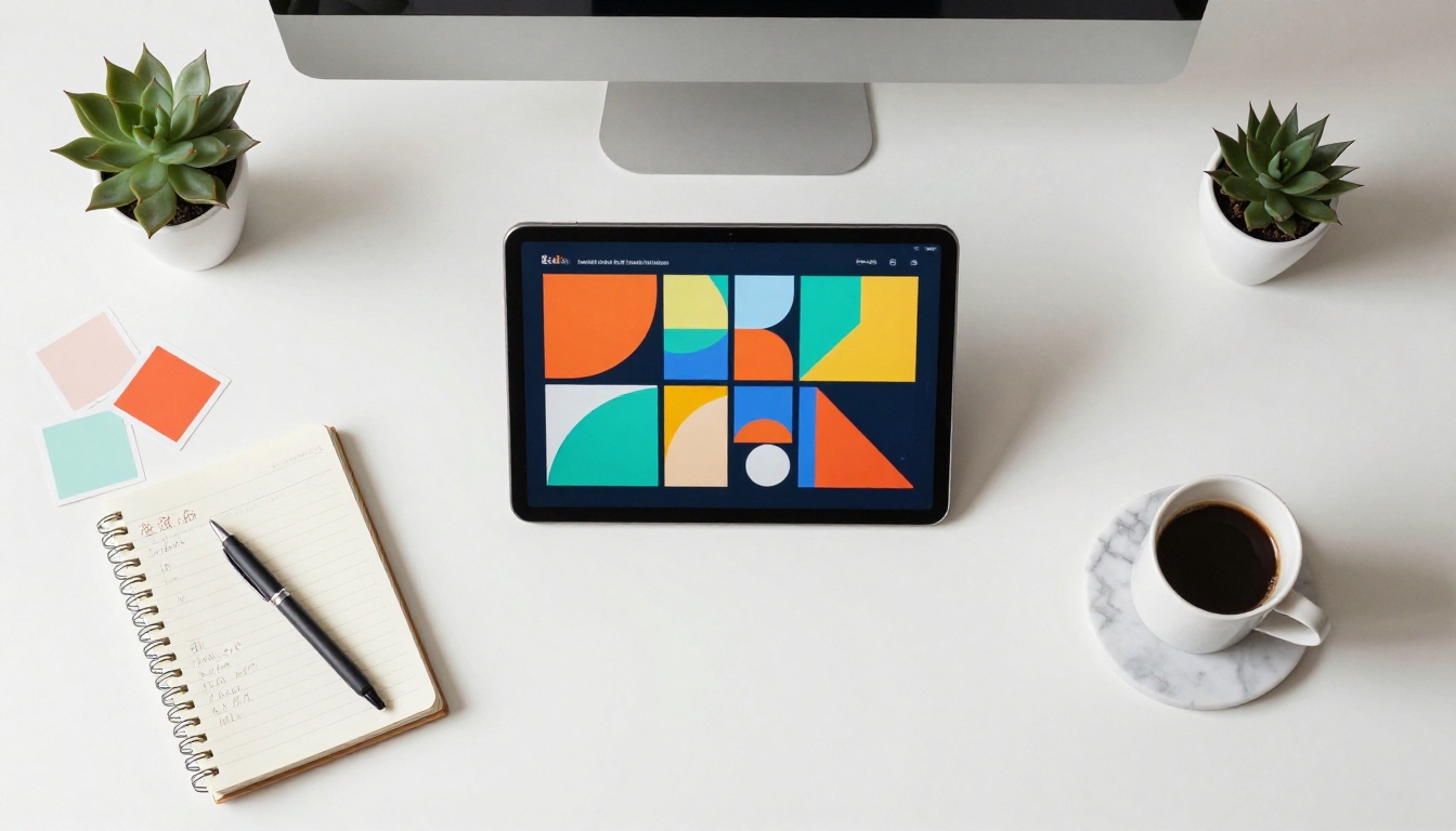 Flat lay aerial view of a designer's workspace with tablet showing presentation slides Flat lay aerial view of a designer's workspace with tablet showing presentation slides