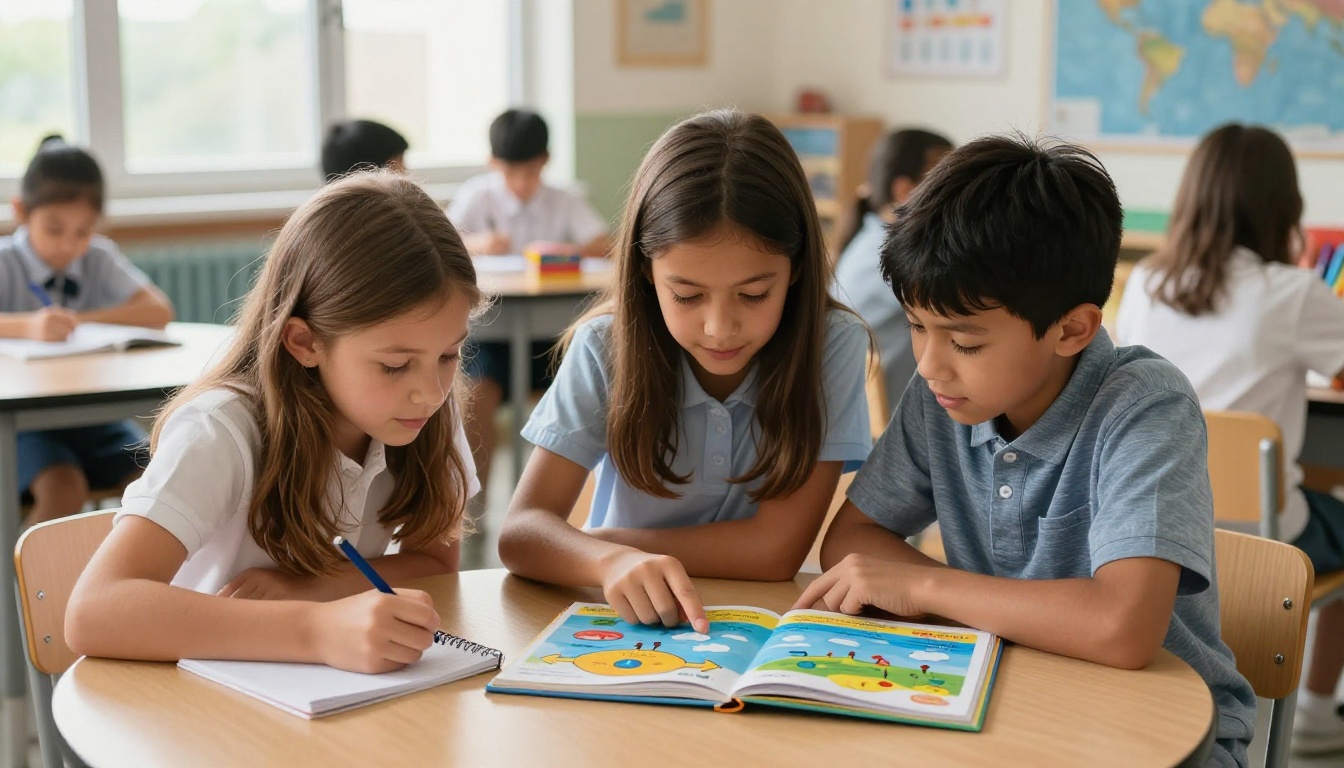 Students studying a water cycle flipbook together at a classroom table