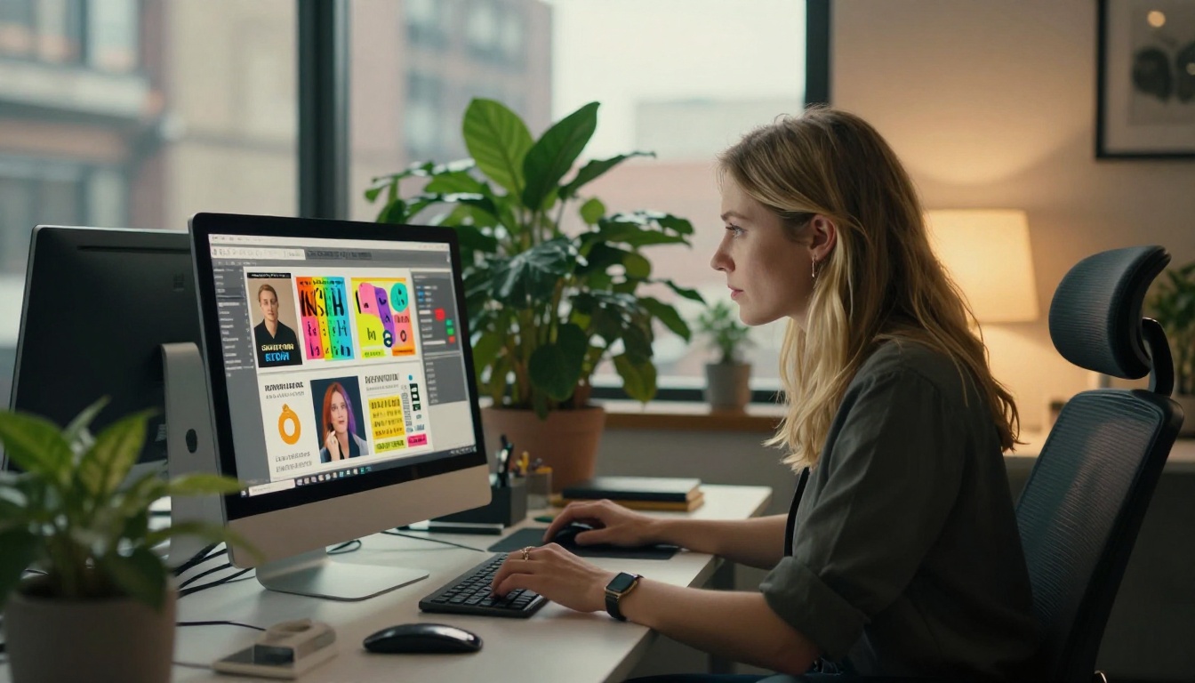 Graphic designer working on a multi-page presentation layout on an iMac in a modern office Graphic designer working on a multi-page presentation layout on an iMac in a modern office