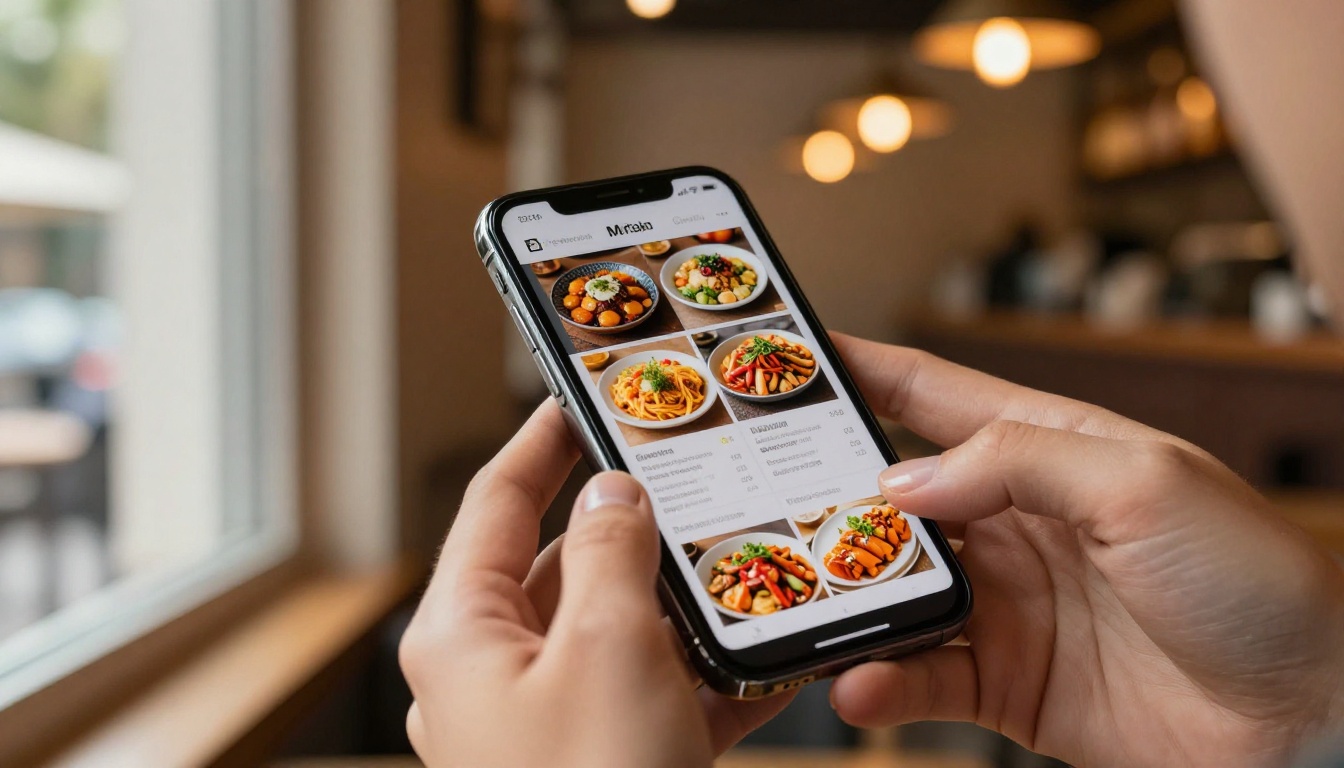 Hands holding smartphone displaying a digital restaurant menu flipbook with page-flip animation visible Hands holding smartphone displaying a digital restaurant menu flipbook with page-flip animation visible