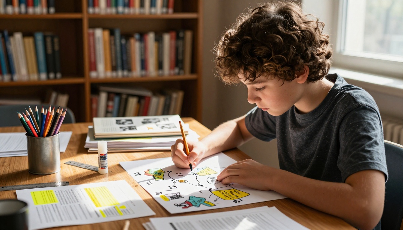 Student creating a history timeline flipbook at a library desk