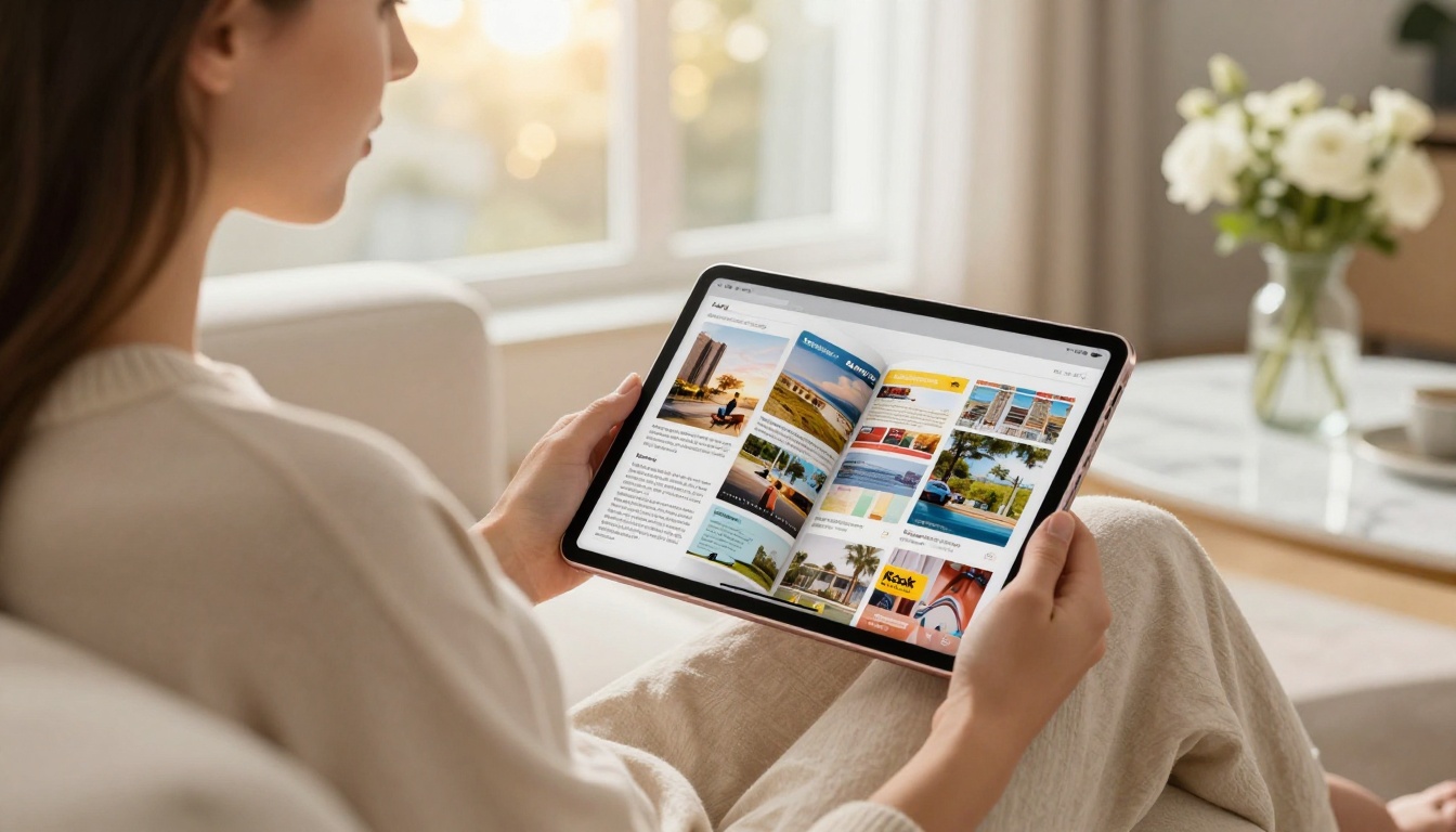 Woman browsing a digital brochure on an iPad while sitting on a couch by a window Woman browsing a digital brochure on an iPad while sitting on a couch by a window