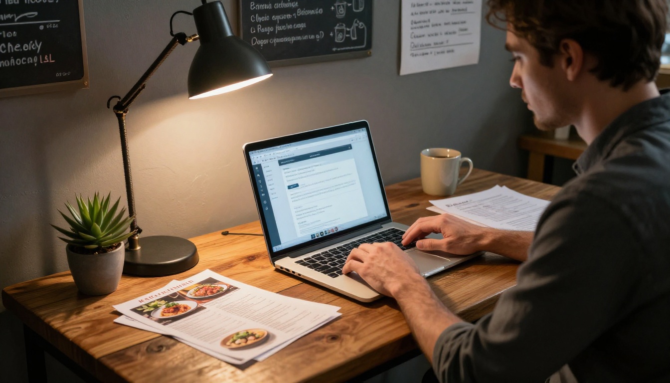 Restaurant owner at a rustic wooden desk working on a laptop to upload and convert a PDF menu file Restaurant owner at a rustic wooden desk working on a laptop to upload and convert a PDF menu file