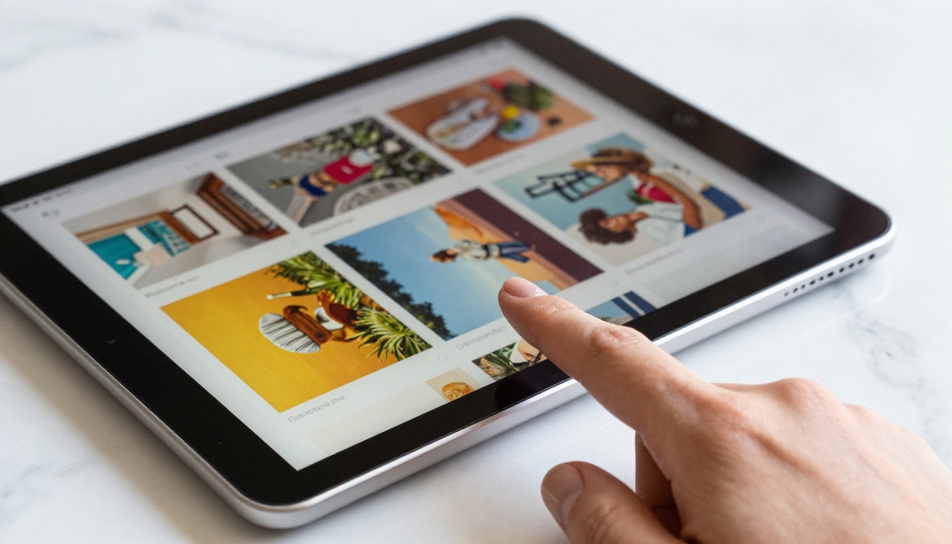 Close-up of a finger swiping through a flipbook on a tablet with a marble desk Close-up of a finger swiping through a flipbook on a tablet with a marble desk