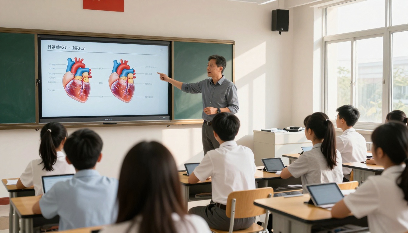 Teacher using a digital flipbook on a smartboard with students in a modern classroom