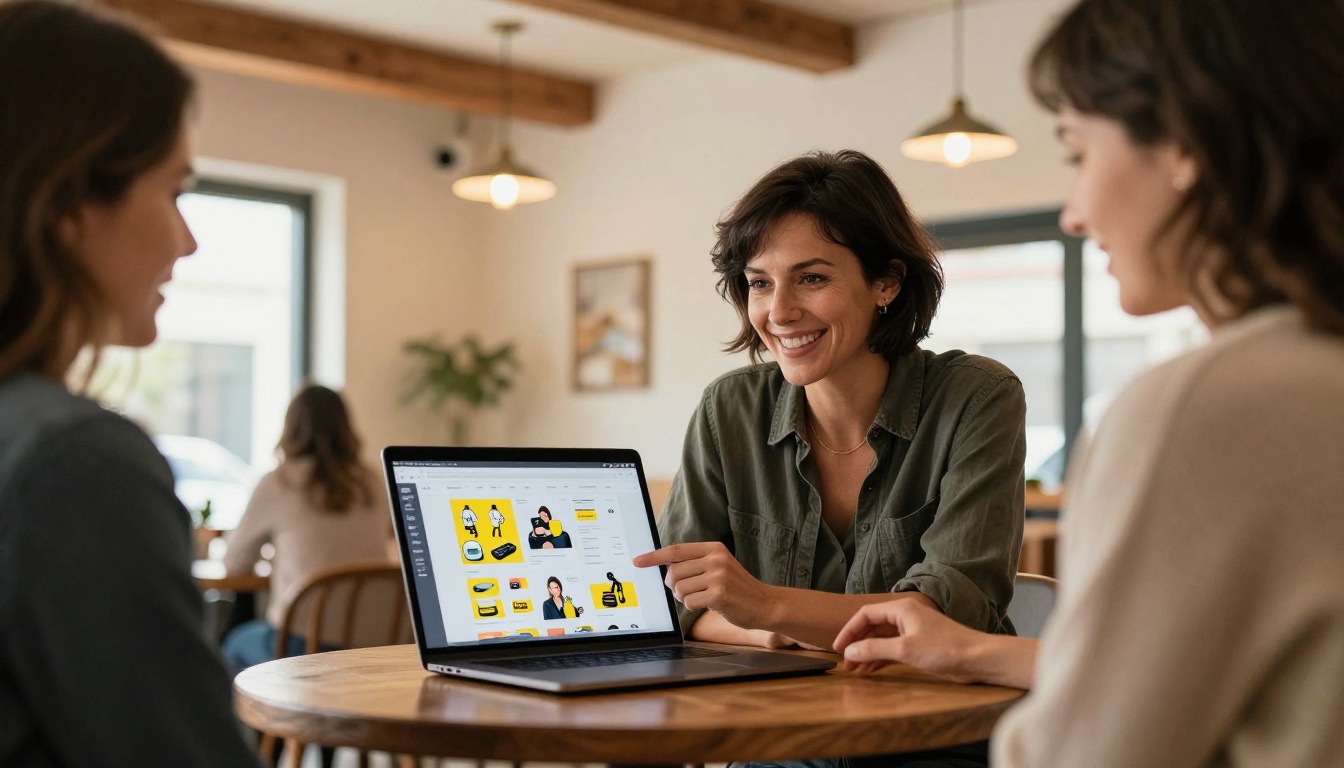 Small business owner showing a digital catalog to a customer at a café Small business owner showing a digital catalog to a customer at a café
