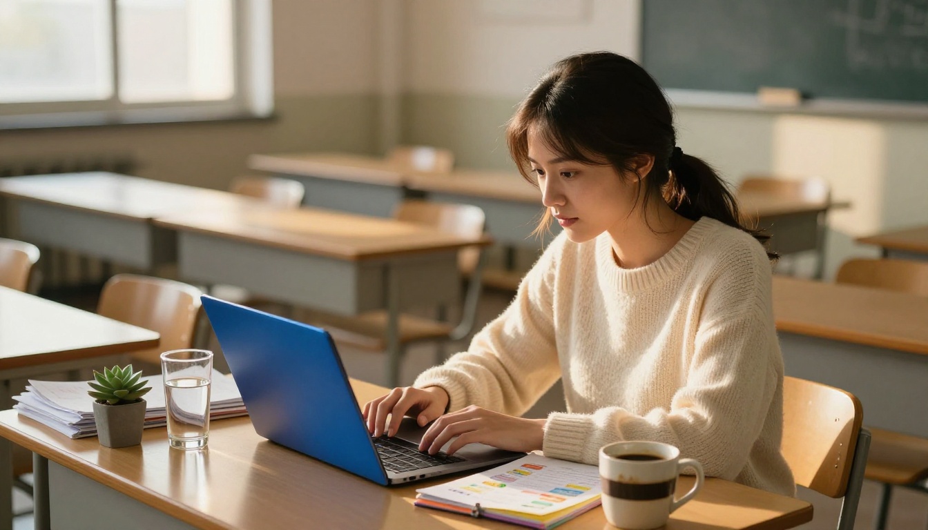 A young teacher designing educational flipbook materials on a laptop after school